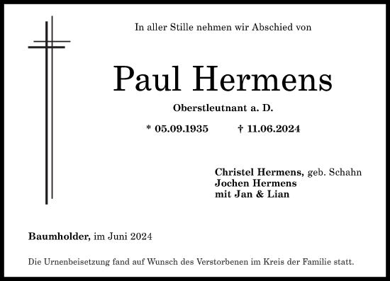 Traueranzeige von Paul Hermens von Nahe-Zeitung