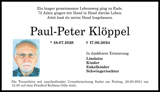 Traueranzeige von Paul-Peter Klöppel von Rhein-Zeitung