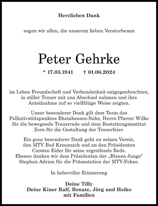 Traueranzeige von Peter Gehrke von Oeffentlicher Anzeiger
