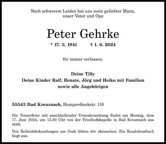 Traueranzeige von Peter Gehrke von Oeffentlicher Anzeiger