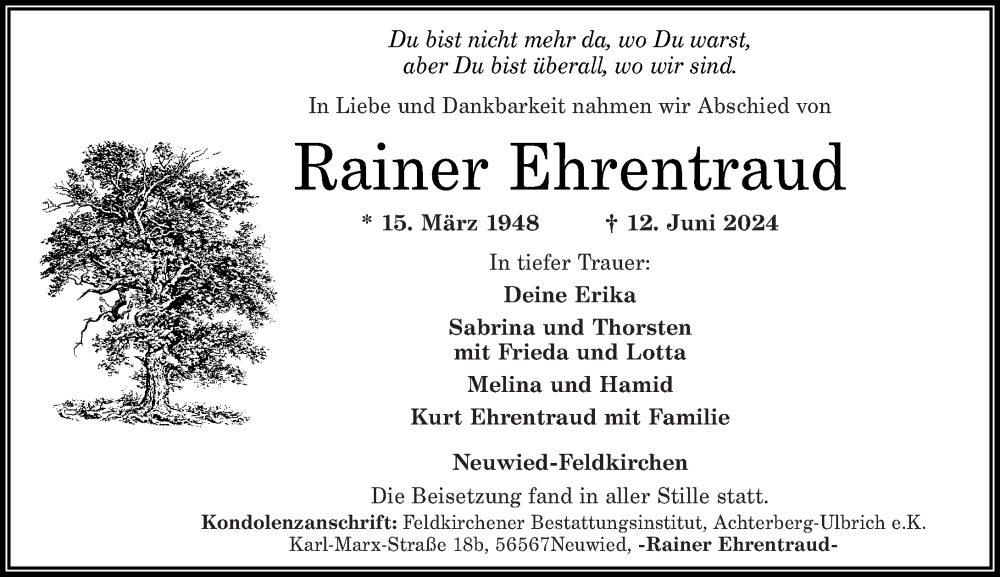  Traueranzeige für Rainer Ehrentraud vom 22.06.2024 aus Rhein-Zeitung