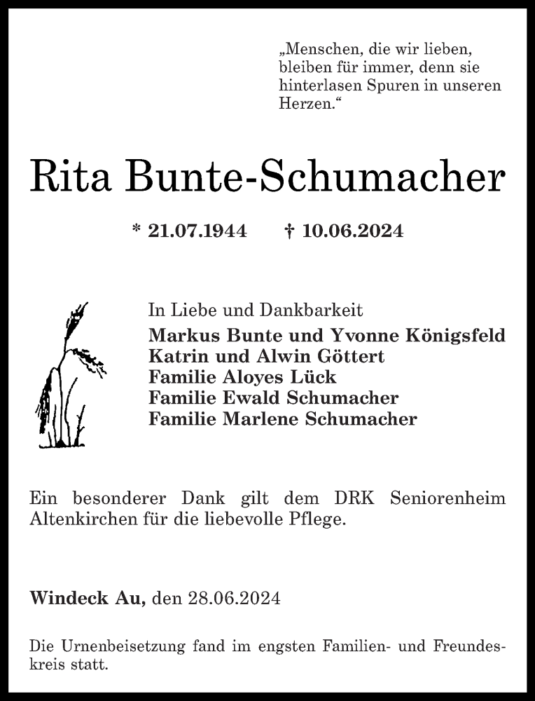  Traueranzeige für Rita Bunte-Schumacher vom 28.06.2024 aus Rhein-Zeitung