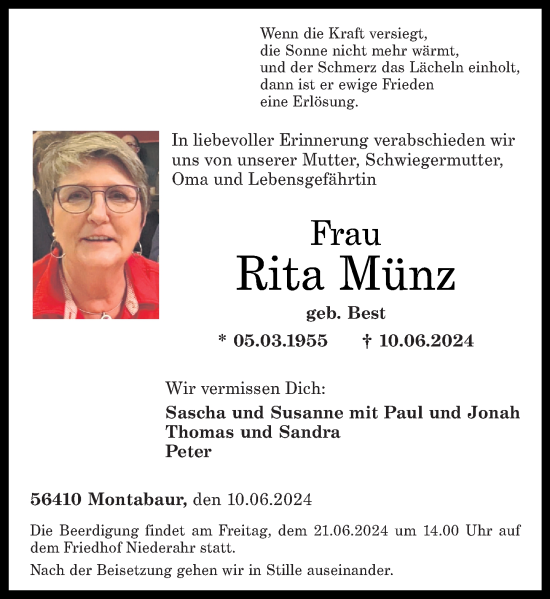 Traueranzeige von Rita Münz von Westerwälder Zeitung