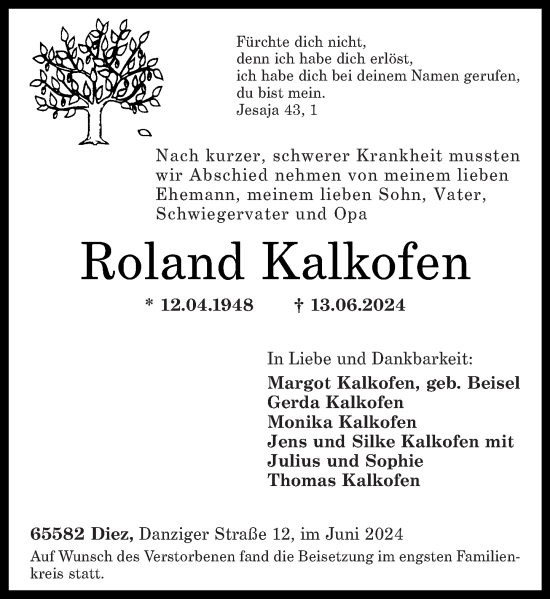 Traueranzeige von Roland Kalkofen von Rhein-Lahn-Zeitung