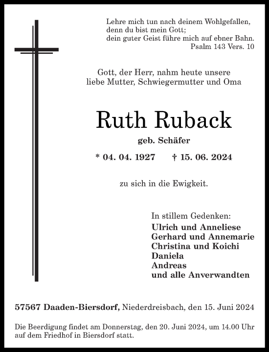 Traueranzeige von Ruth Ruback von Rhein-Zeitung