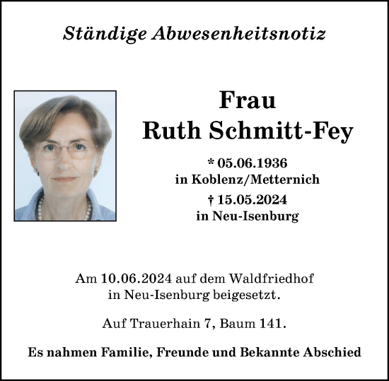 Traueranzeige von Ruth Schmitt-Fey von Rhein-Zeitung