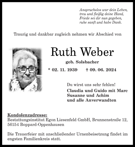 Traueranzeige von Ruth Weber von Rhein-Zeitung