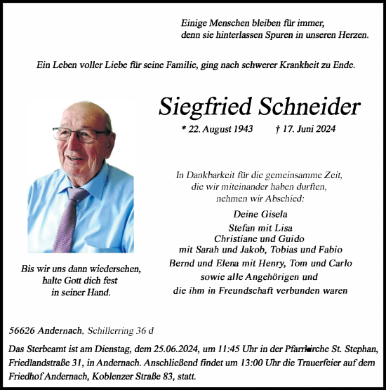Traueranzeige von Siegfried Schneider von Rhein-Zeitung