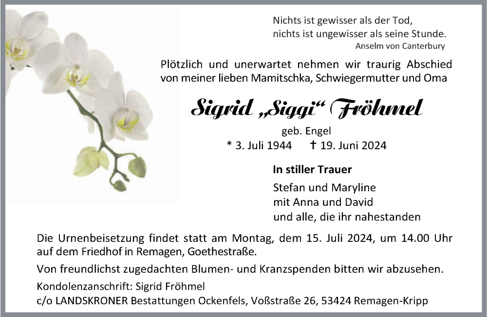  Traueranzeige für Sigrid Fröhmel vom 29.06.2024 aus Rhein-Zeitung