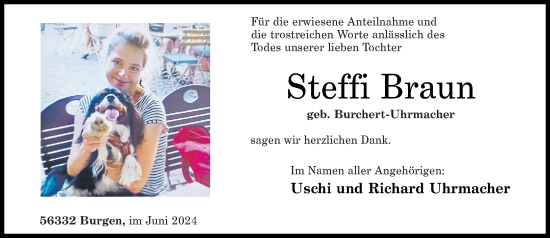 Traueranzeige von Steffi Braun von Rhein-Zeitung
