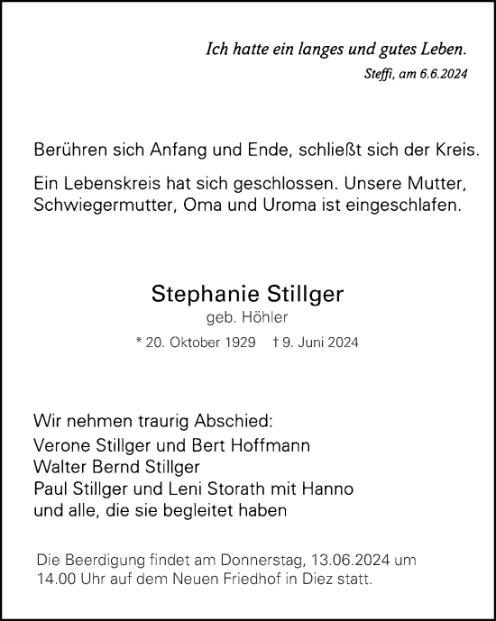 Traueranzeige von Stephanie Stillger von Rhein-Lahn-Zeitung