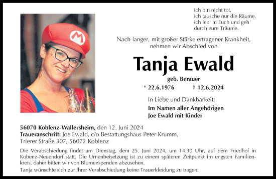 Traueranzeige von Tanja Ewald von Rhein-Zeitung