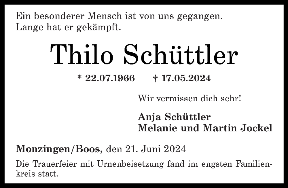  Traueranzeige für Thilo Schüttler vom 29.06.2024 aus Oeffentlicher Anzeiger