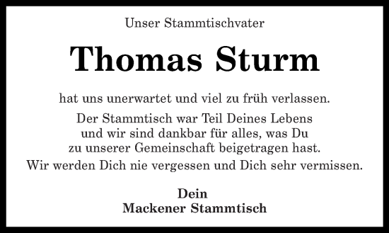 Traueranzeige von Thomas Sturm von Rhein-Zeitung