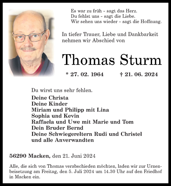 Traueranzeige von Thomas Sturm von Rhein-Zeitung