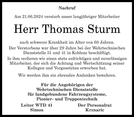Traueranzeige von Thomas Sturm von Rhein-Zeitung