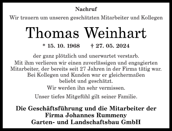 Traueranzeige von Thomas Weinhart von Rhein-Zeitung