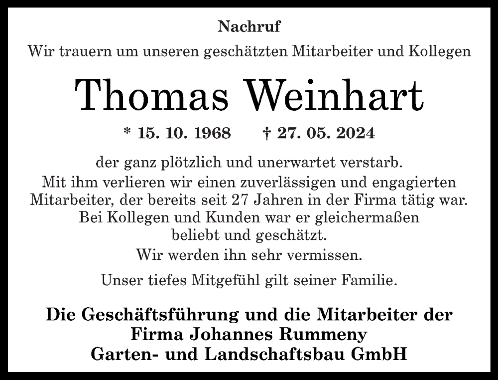  Traueranzeige für Thomas Weinhart vom 26.06.2024 aus Rhein-Zeitung