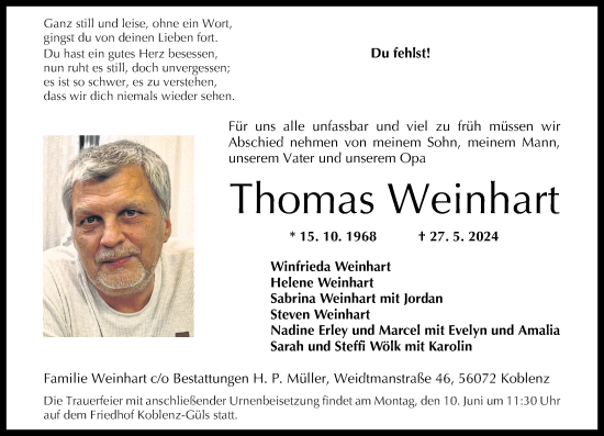 Traueranzeige von Thomas Weinhart von Rhein-Zeitung