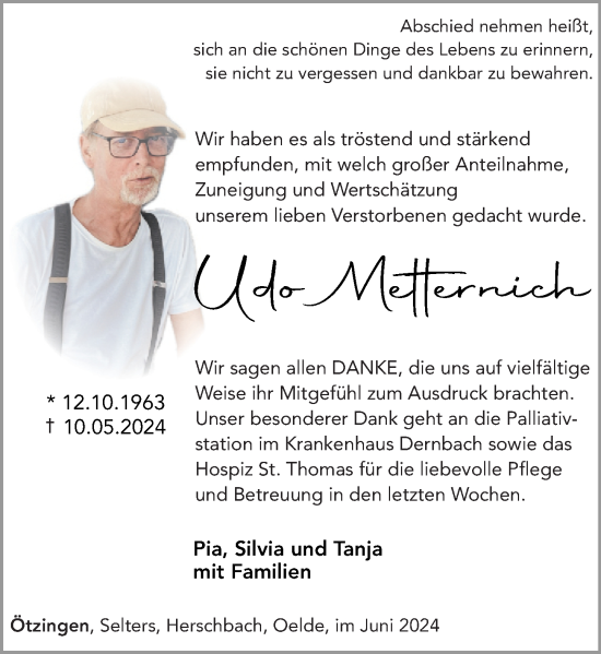 Traueranzeige von Udo Metternich von Westerwälder Zeitung