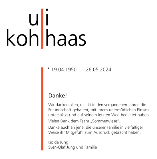 Traueranzeige von Uli Kohlhass von Westerwälder Zeitung