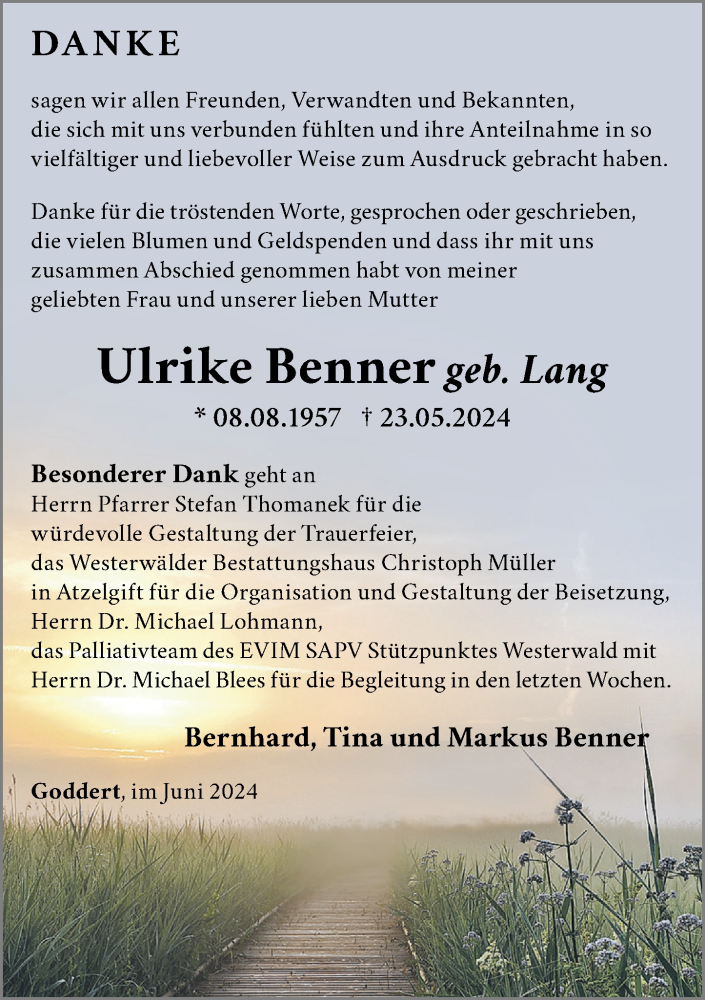  Traueranzeige für Ulrike Benner vom 22.06.2024 aus Westerwälder Zeitung