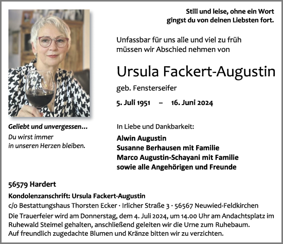 Traueranzeige von Ursula Fackert-Augustin von Rhein-Zeitung