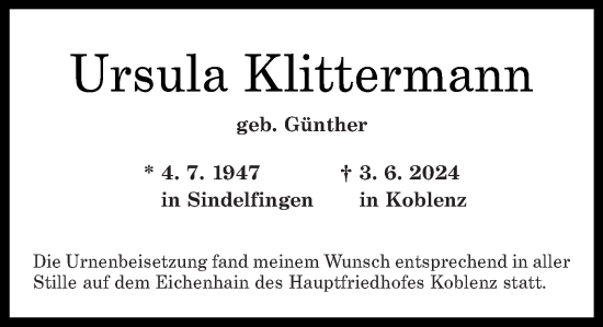 Traueranzeige von Ursula Klittermann von Rhein-Zeitung