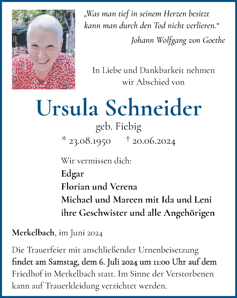  Traueranzeige für Ursula Schneider vom 28.06.2024 aus Westerwälder Zeitung