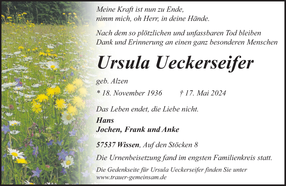  Traueranzeige für Ursula Ueckerseifer vom 15.06.2024 aus Rhein-Zeitung