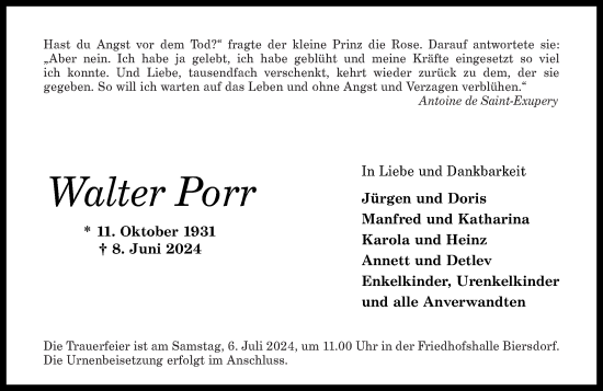 Traueranzeige von Walter Porr von Rhein-Zeitung