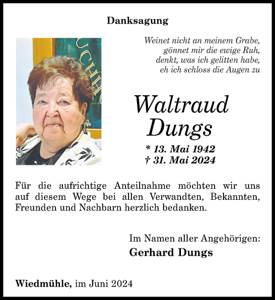 Traueranzeige von Waltraud Dungs von Rhein-Zeitung