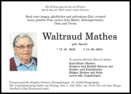 Traueranzeige von Waltraud Mathes von Oeffentlicher Anzeiger