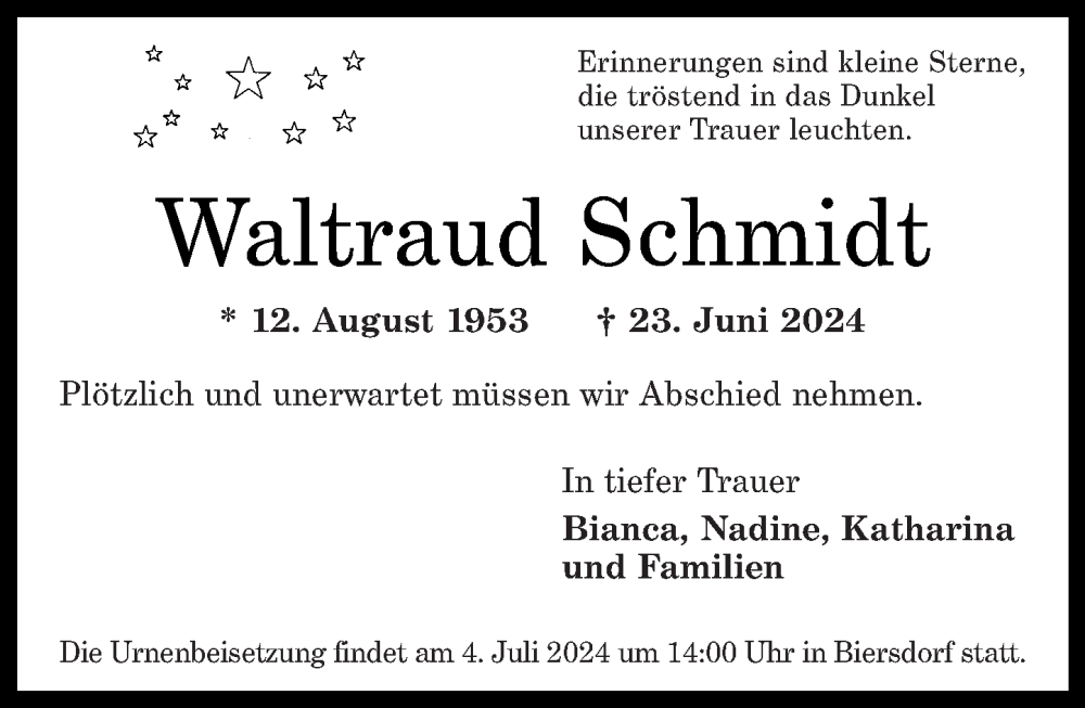  Traueranzeige für Waltraud Schmidt vom 29.06.2024 aus Rhein-Zeitung