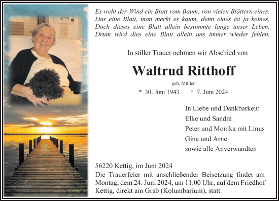 Traueranzeige von Waltrud Ritthoff von Rhein-Zeitung