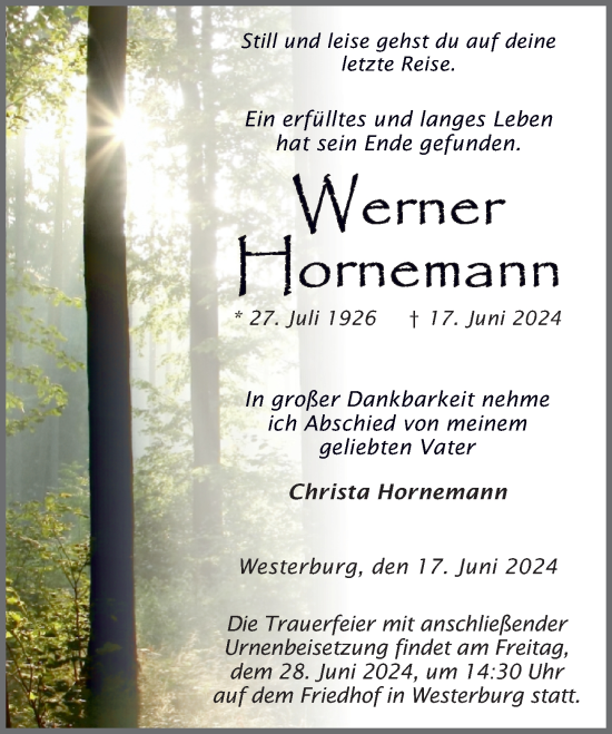 Traueranzeige von Werner Hornemann von Westerwälder Zeitung