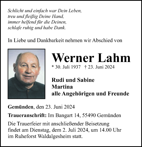 Traueranzeige von Werner Lahm von Rhein-Hunsrück-Zeitung