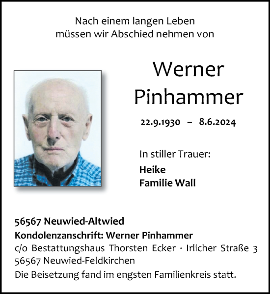 Traueranzeige von Werner Pinhammer von Rhein-Zeitung