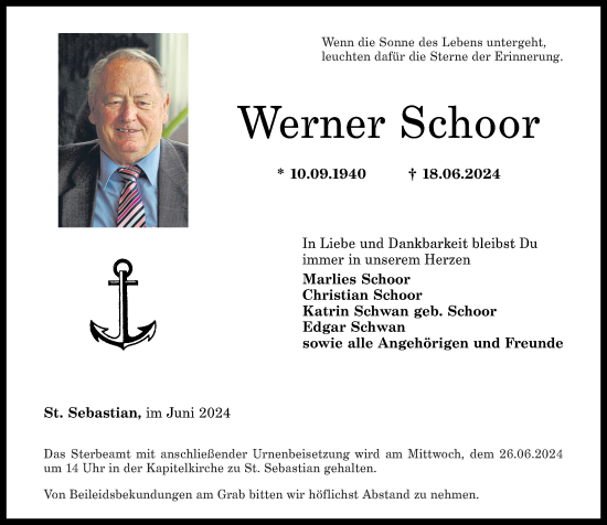 Traueranzeige von Werner Schoor von Rhein-Zeitung