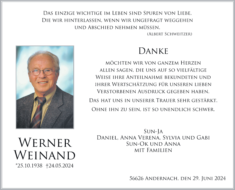  Traueranzeige für Werner Weinand vom 29.06.2024 aus Rhein-Zeitung