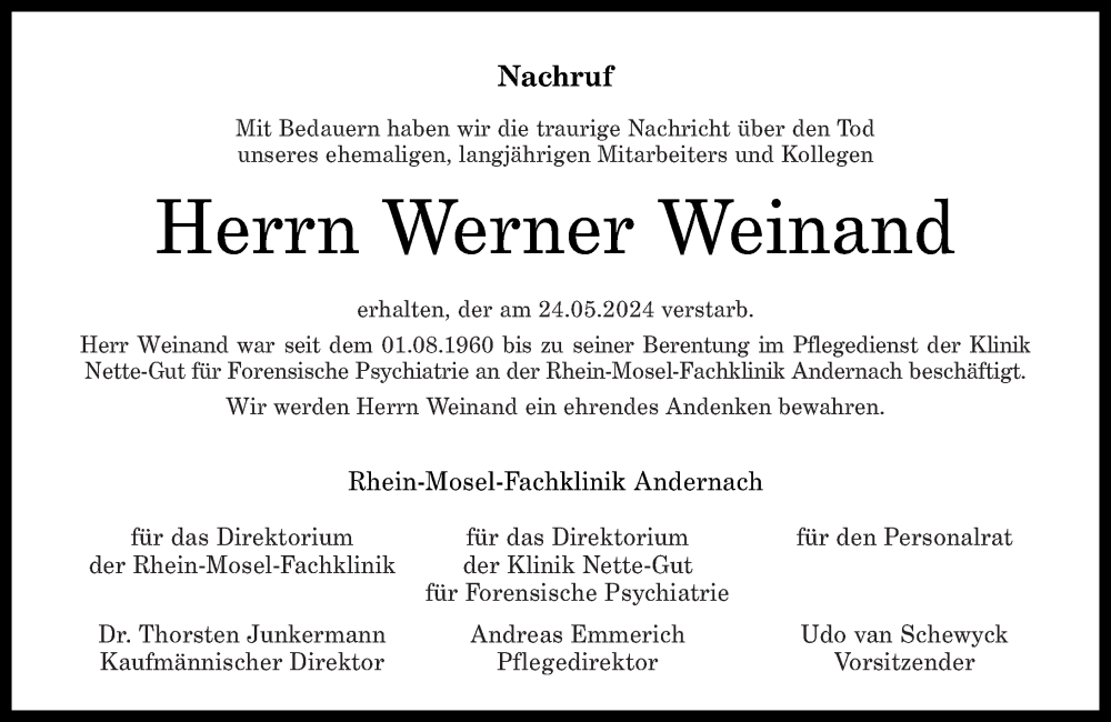  Traueranzeige für Werner Weinand vom 08.06.2024 aus Rhein-Zeitung