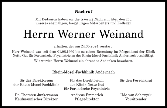 Traueranzeige von Werner Weinand von Rhein-Zeitung