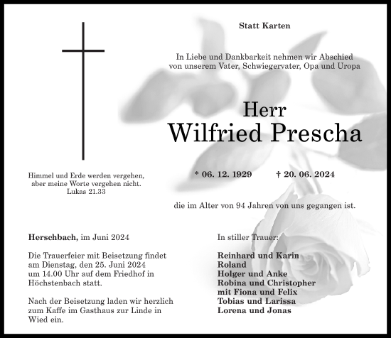 Traueranzeige von Wilfried Prescha von Westerwälder Zeitung, Rhein-Zeitung