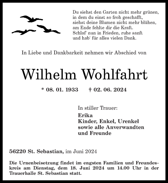Traueranzeige von Wilhelm Wohlfahrt von Rhein-Zeitung