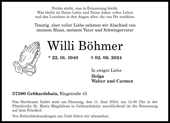 Traueranzeige von Willi Böhmer von Rhein-Zeitung