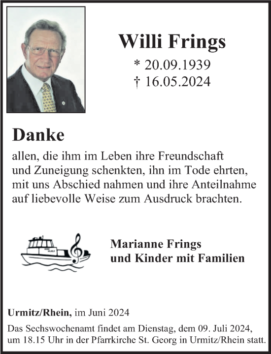 Traueranzeige von Willi Frings von Rhein-Zeitung