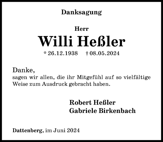 Traueranzeige von Willi Heßler von Rhein-Zeitung