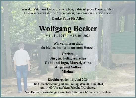 Traueranzeige von Wolfgang Becker von Rhein-Hunsrück-Zeitung