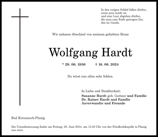 Traueranzeige von Wolfgang Hardt von Oeffentlicher Anzeiger