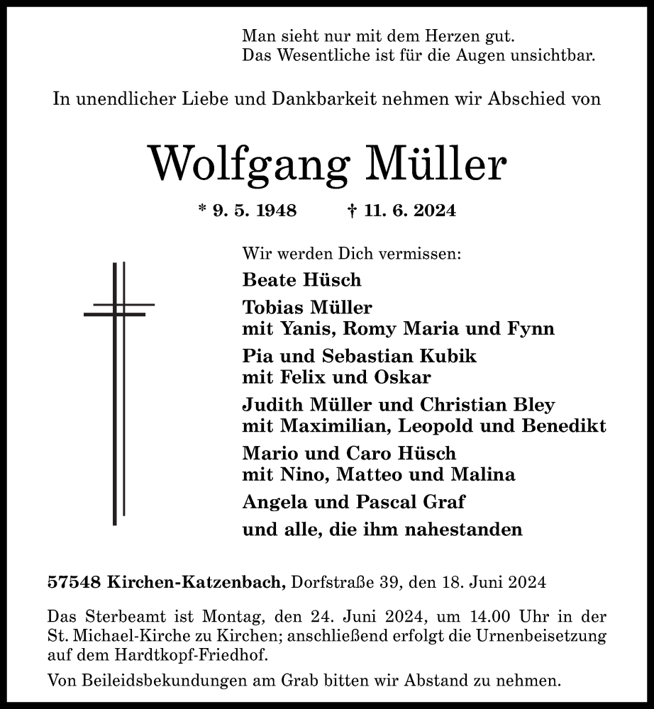  Traueranzeige für Wolfgang Müller vom 18.06.2024 aus Rhein-Zeitung